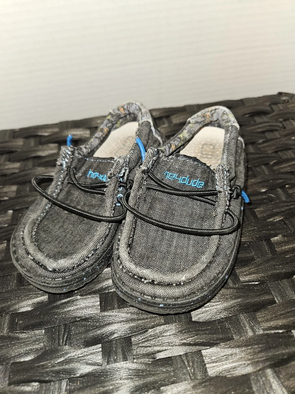 Hey Dude Kids Black Canvas Slip-On Moccasins with Blue Accents